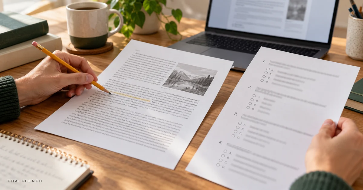 Teacher checking quiz answers against a PDF source passage beside a laptop.