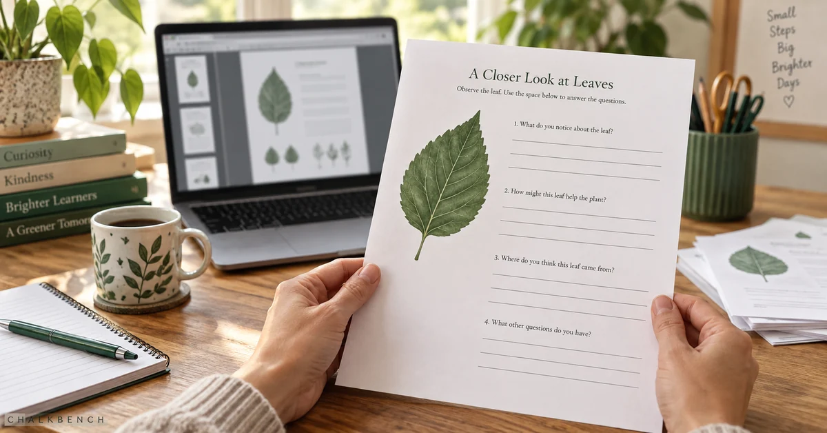 Teacher holding a printable leaf worksheet beside a laptop and source document.