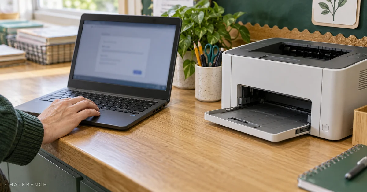 Teacher using a Chromebook beside a school printer with an empty output tray.