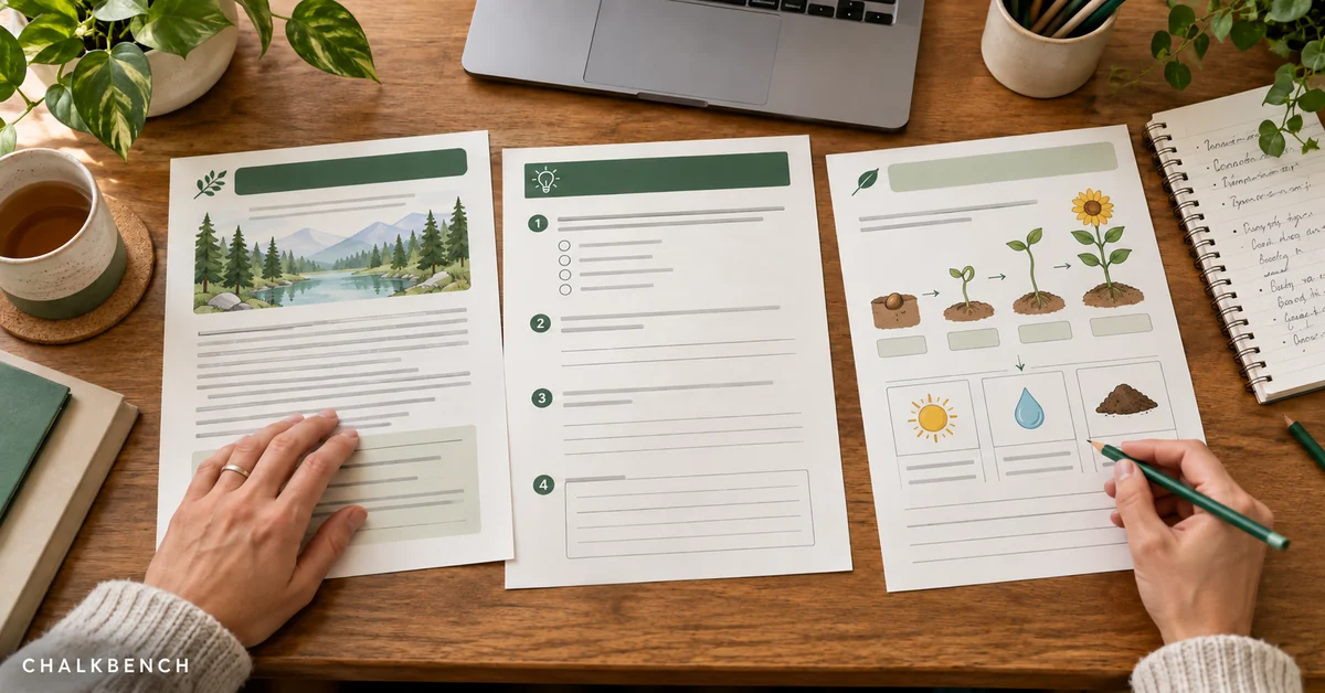 Teacher comparing three worksheet layouts beside a laptop and review notebook.