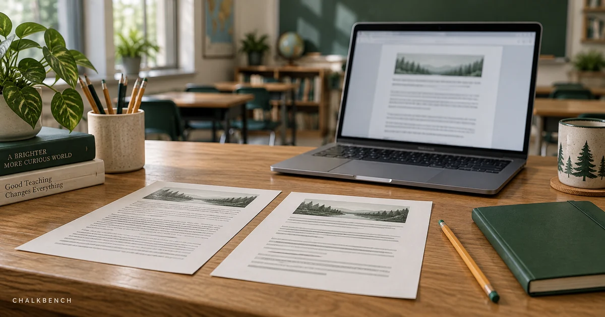 Laptop beside two reading handouts, illustrating teacher review of AI text levelers.
