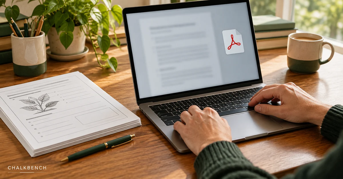 Teacher using a laptop beside a printed worksheet for a Google Docs to PDF export.