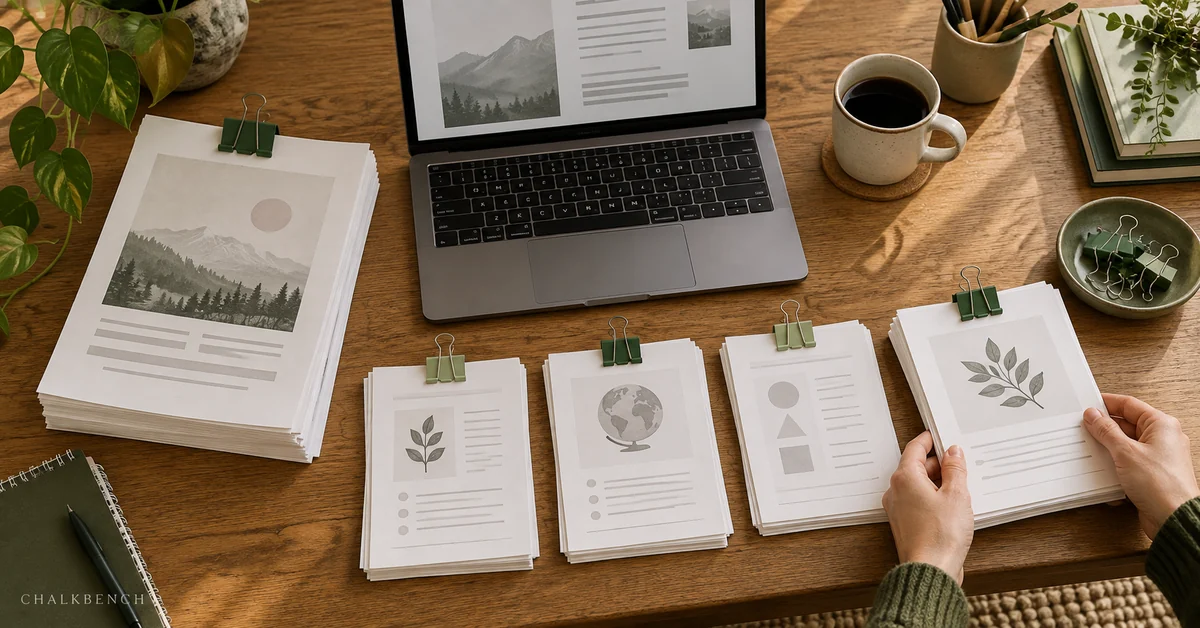 Laptop beside separate worksheet sets prepared when splitting a PDF into student handouts.
