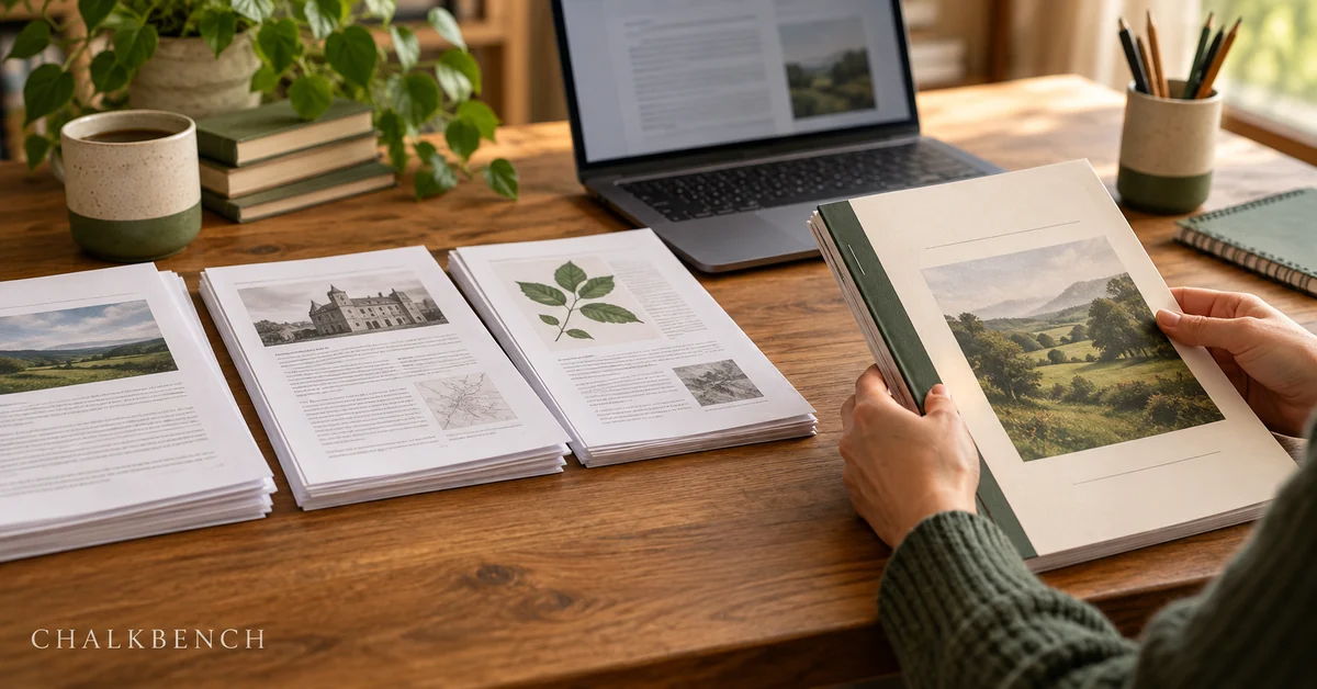 Teacher holding a finished classroom handout pack beside separate PDF source documents.