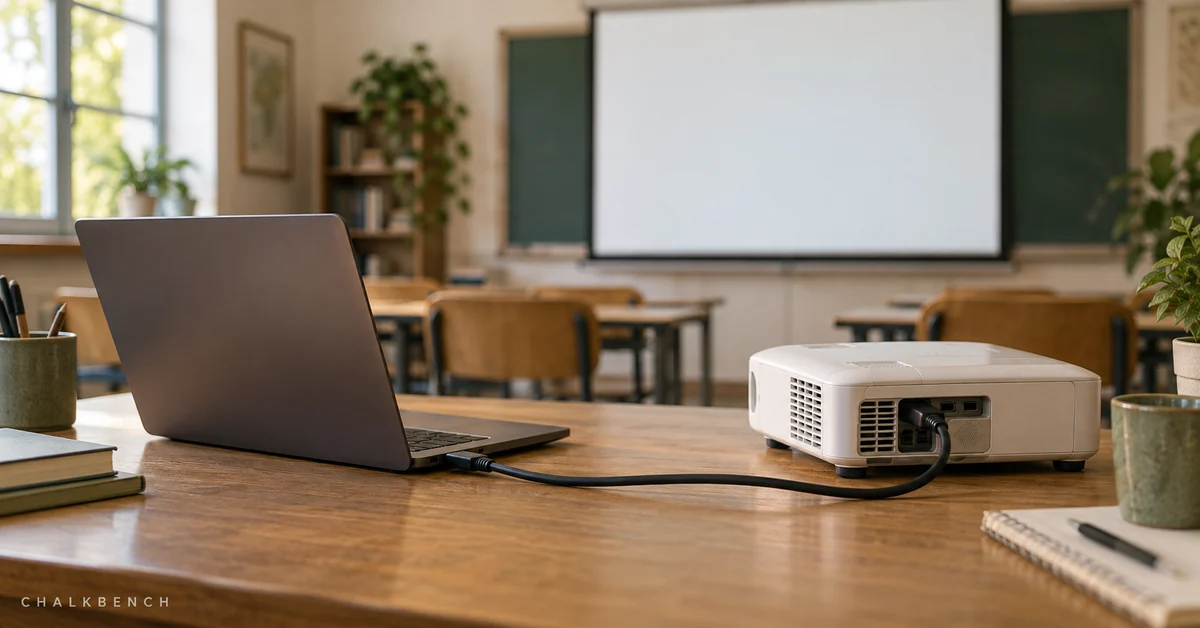 Laptop connected to a classroom projector in front of a blank projection screen.