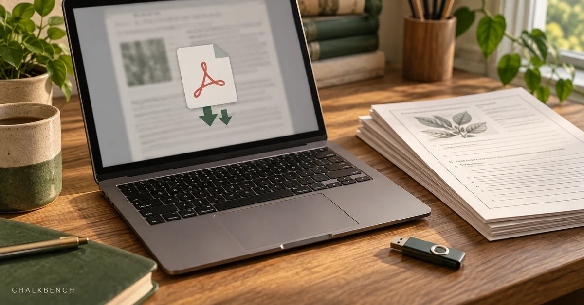 Laptop and worksheet packet illustrating PDF compression for classroom sharing.