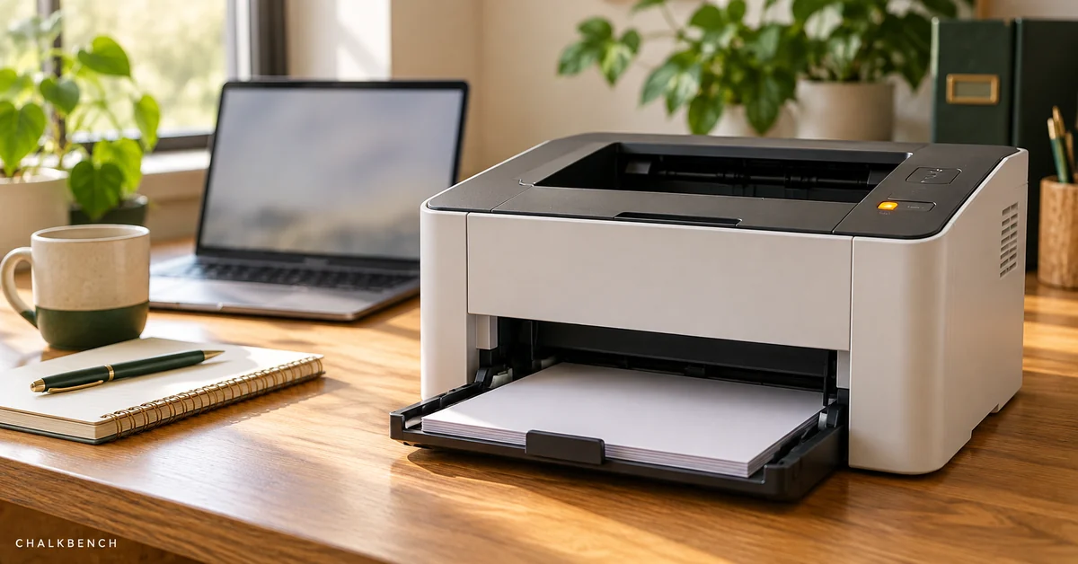 School office printer with an amber status light beside a Windows laptop.