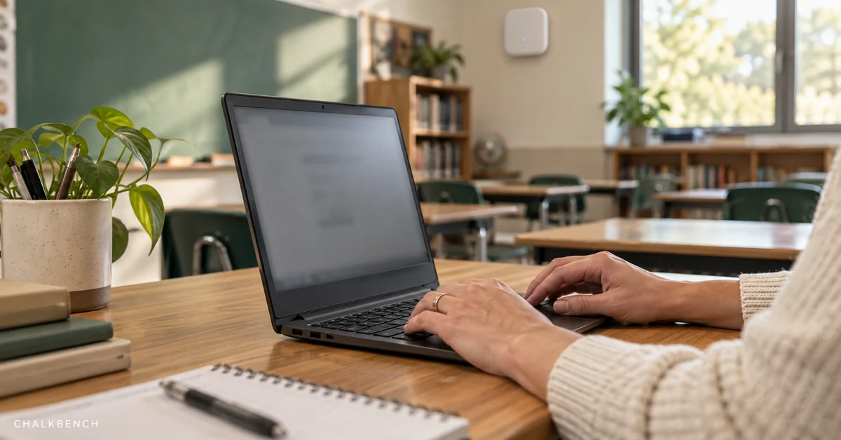 Teacher using a Chromebook in a classroom with a wireless access point.