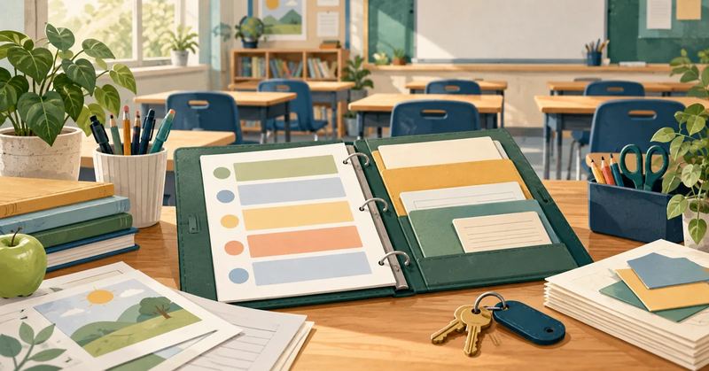 Prepared substitute teacher handover with a schedule, lesson materials, and backup notes.