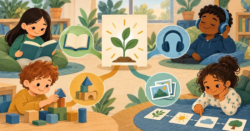 One classroom learning goal with several adapted paths and supports.