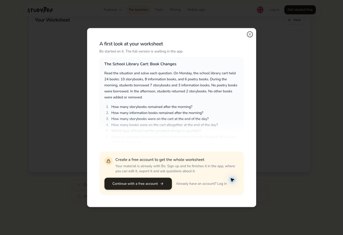 StudyPDF shows a generated worksheet preview and asks the user to create an account to continue with the complete worksheet.