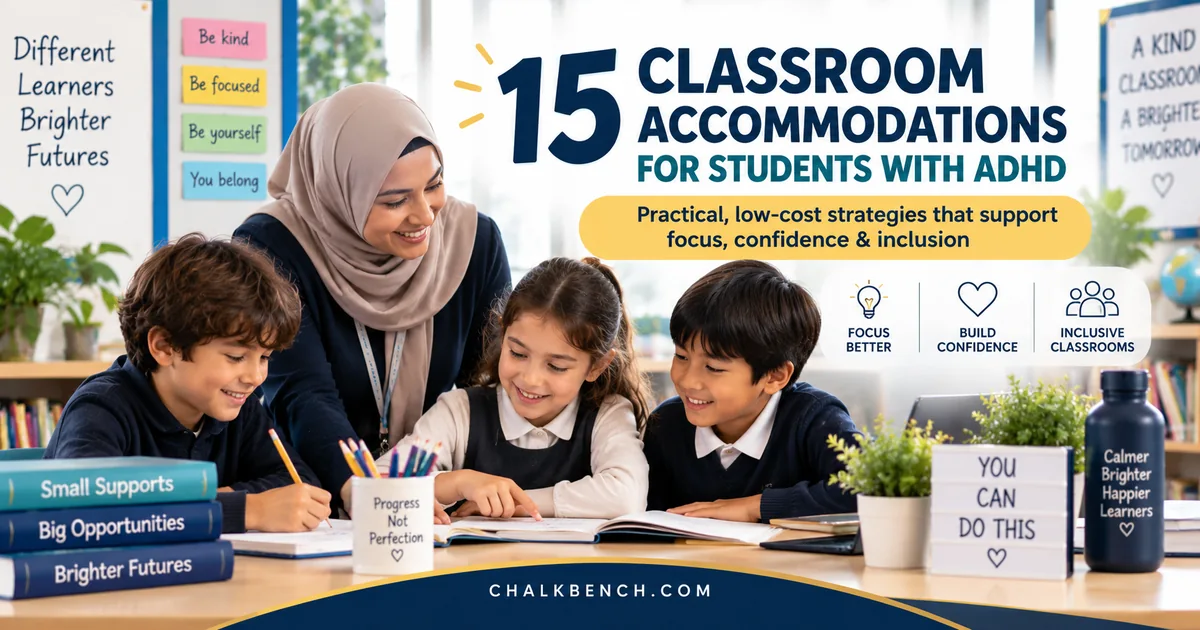 Teacher supporting three students at a classroom table, with a headline about 15 ADHD accommodations for classroom learning.