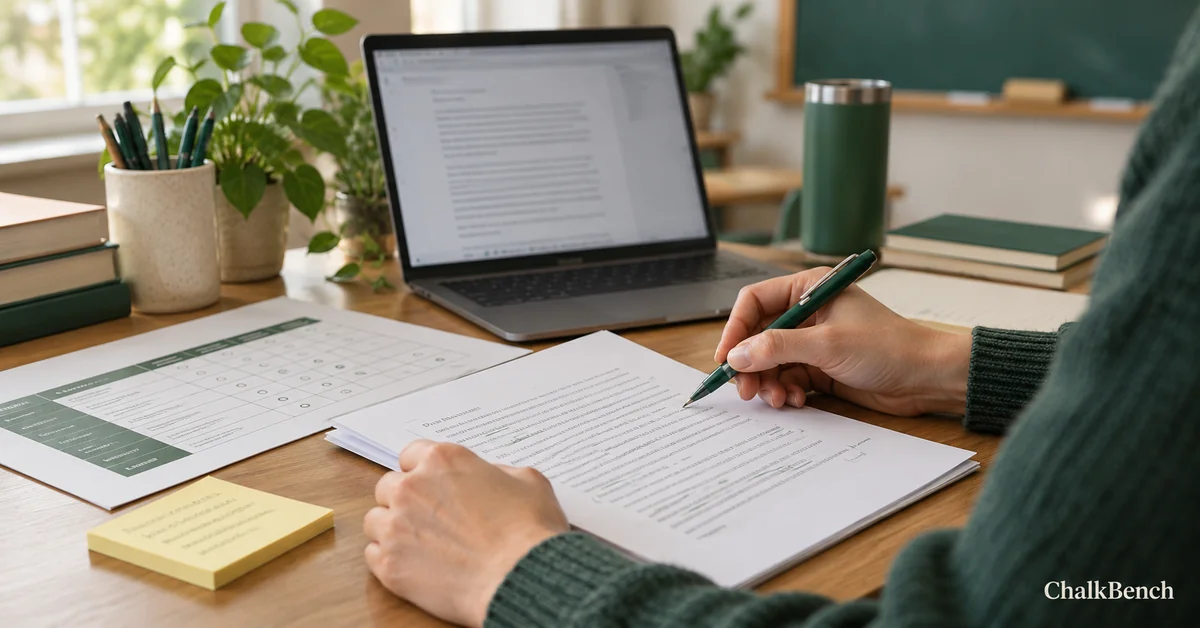 Teacher reviewing written feedback beside a laptop and assessment rubric