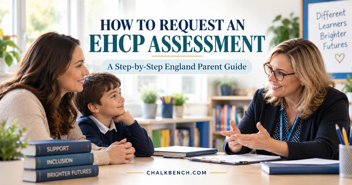 Parent and child discussing an EHCP assessment with a SEND professional at school in England.