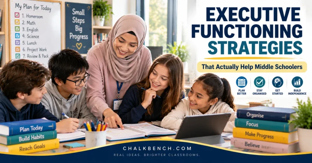 Teacher helping middle school students use planners and notebooks while practising executive functioning strategies in class.