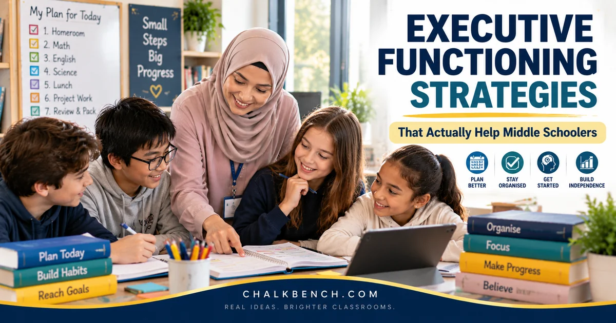 Teacher helping middle school students use planners and notebooks while practising executive functioning strategies in class.
