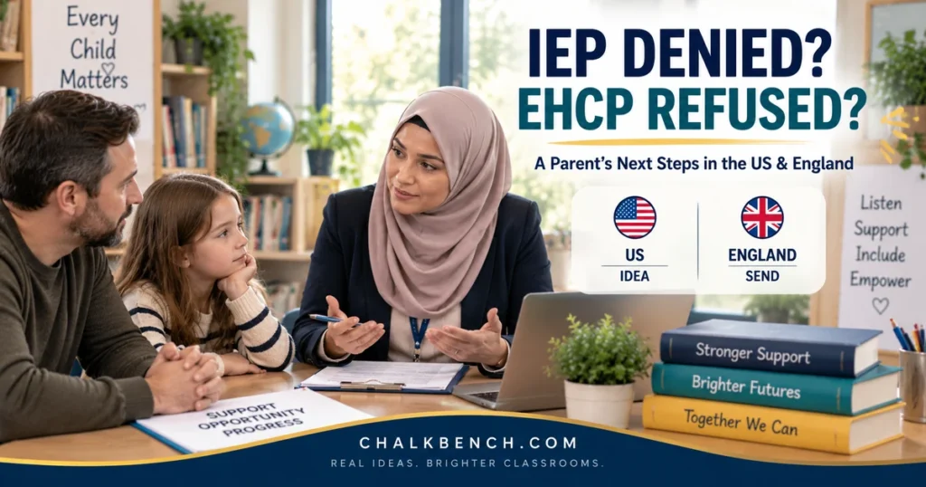 Father and child discussing an IEP denial or EHCP refusal with an education adviser and planning the next steps.