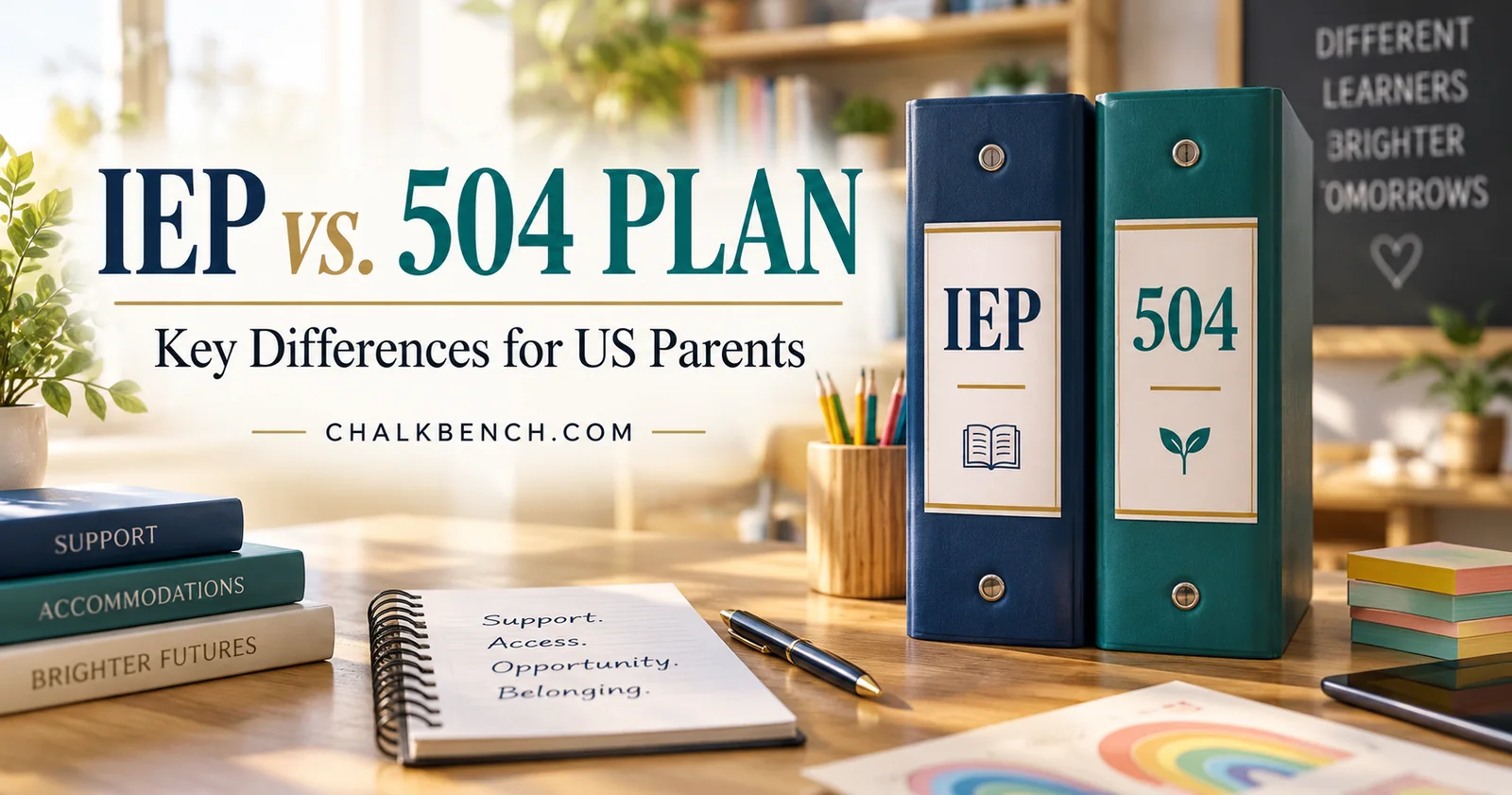 IEP vs. 504 Plan key differences for US parents, illustrated by IEP and 504 binders on a classroom desk.