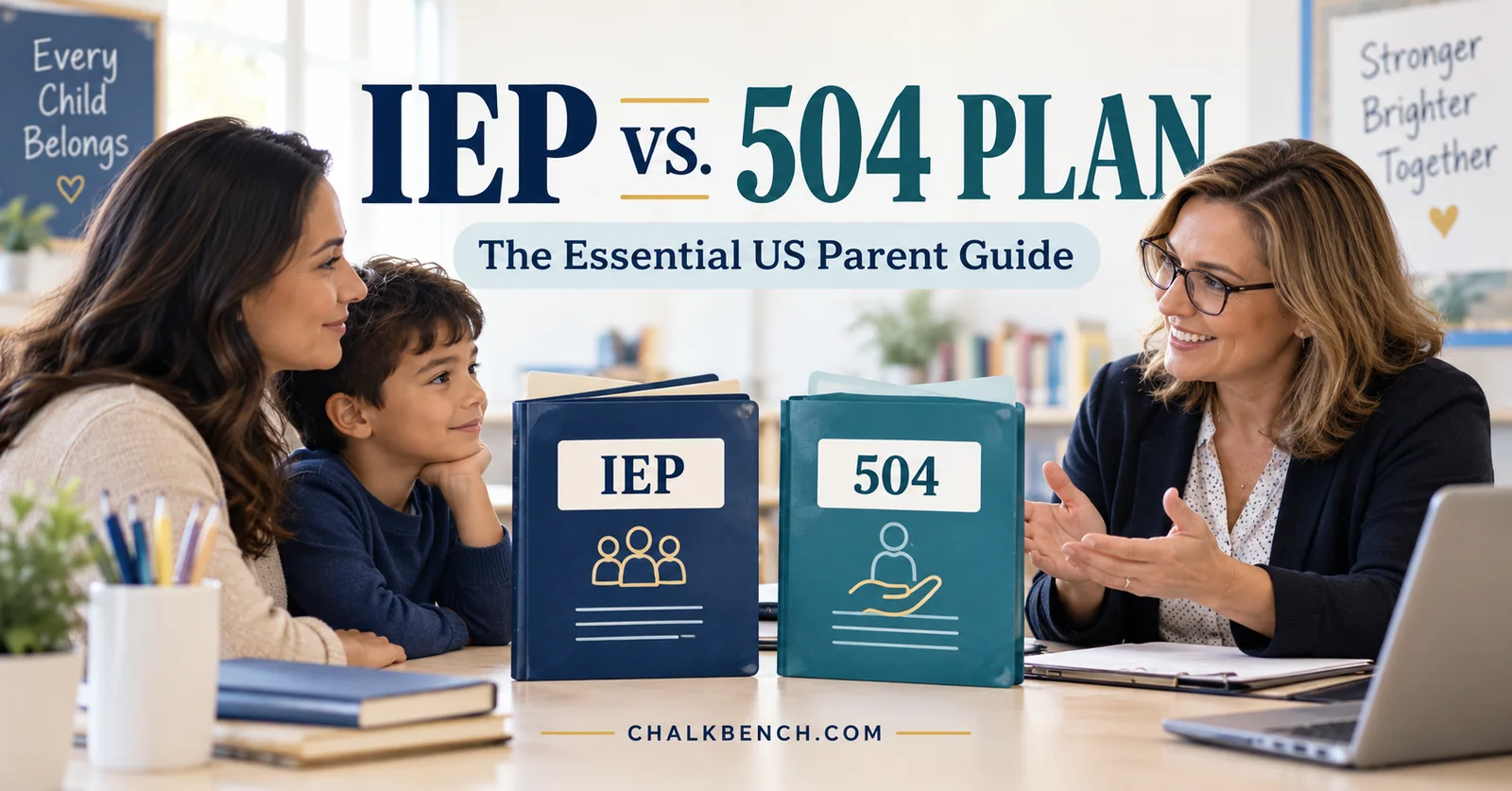 Parent and child discussing IEP and Section 504 support with a teacher at a school meeting.