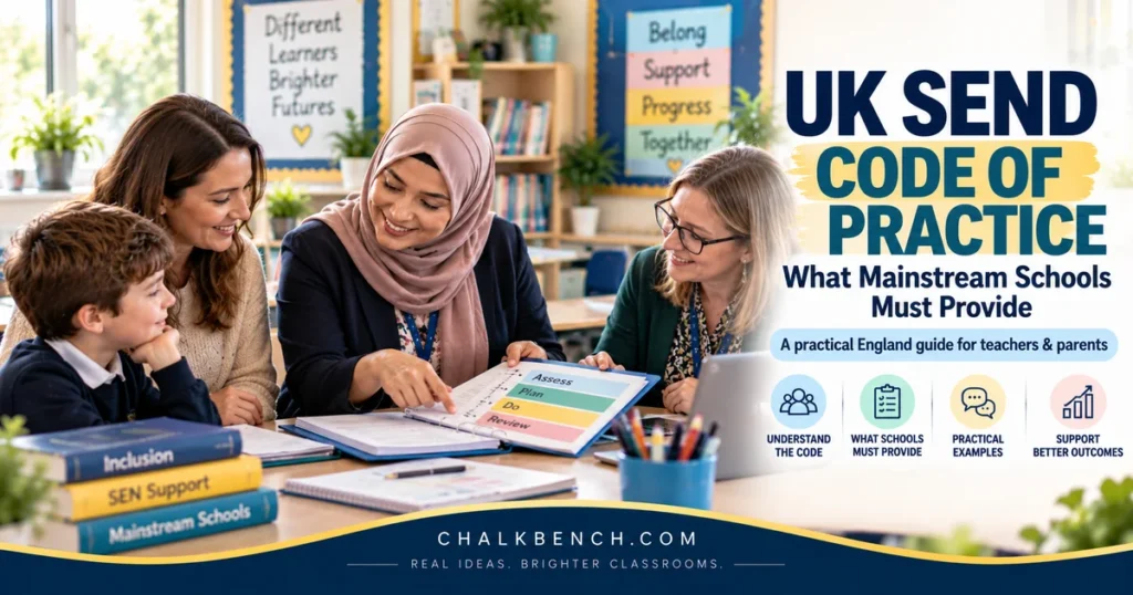 A SENCO and classroom teacher discussing SEN Support with a parent and child in a welcoming mainstream classroom in England.