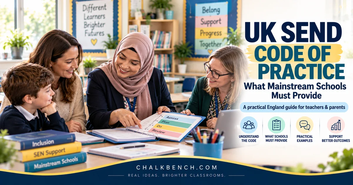 A SENCO and classroom teacher discussing SEN Support with a parent and child in a welcoming mainstream classroom in England.