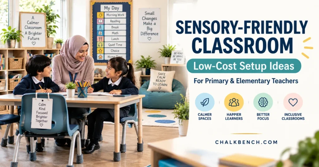 Teacher wearing a hijab supports pupils in a sensory-friendly classroom with a visual schedule and quiet learning space.