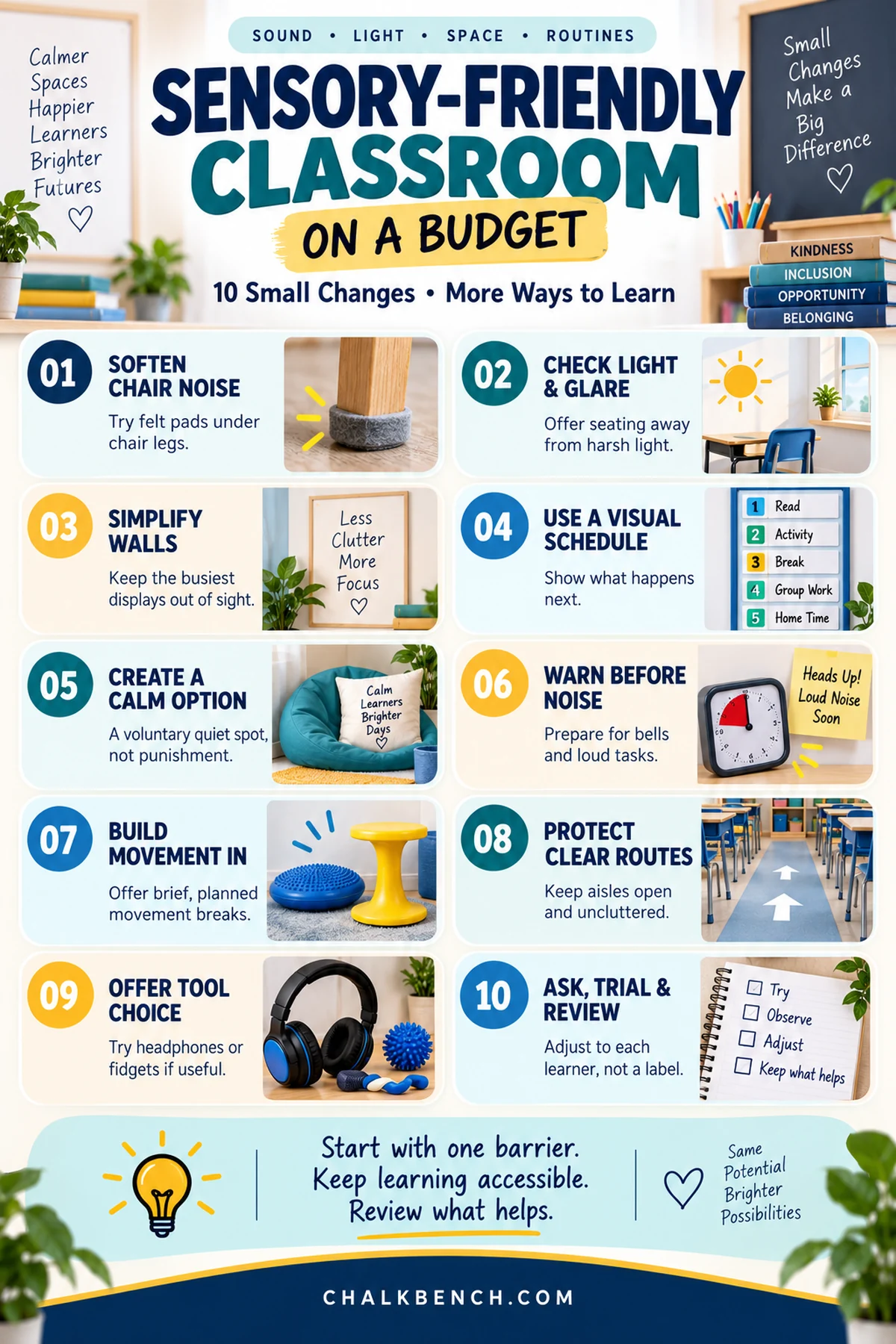 Sensory-friendly classroom on a budget infographic with 10 practical adjustments covering sound, glare, visual schedules, calm spaces, movement, clear routes, tools and regular review.